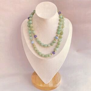 Vintage 14k GF Gold Green Jade Necklace Amethyst Lace Agate 34" Long Knotted